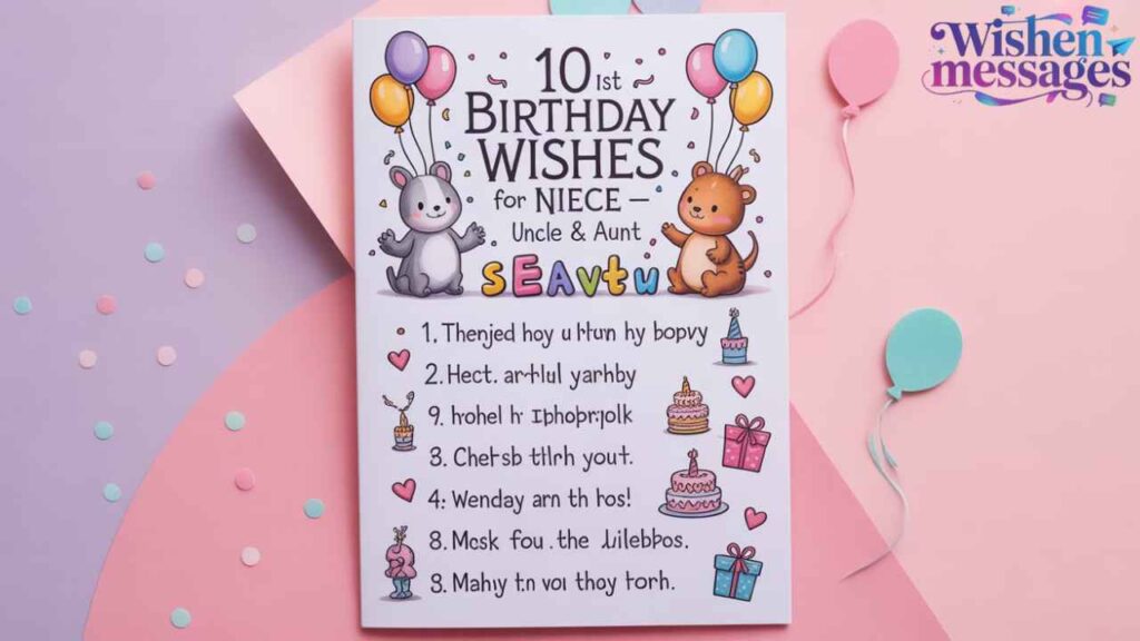 Cute 10th birthday wishes for niece from uncle aunt - Pink card with balloons and teddy bears