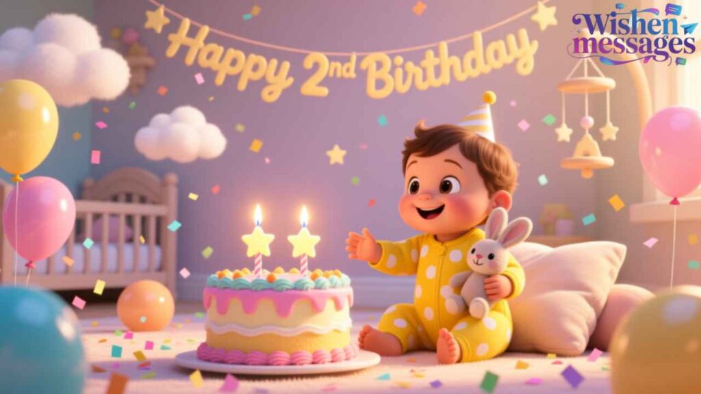 Adorable toddler celebrates 2nd birthday with star candles, colorful balloons, confetti, and a bunny toy in a cozy nursery setting.