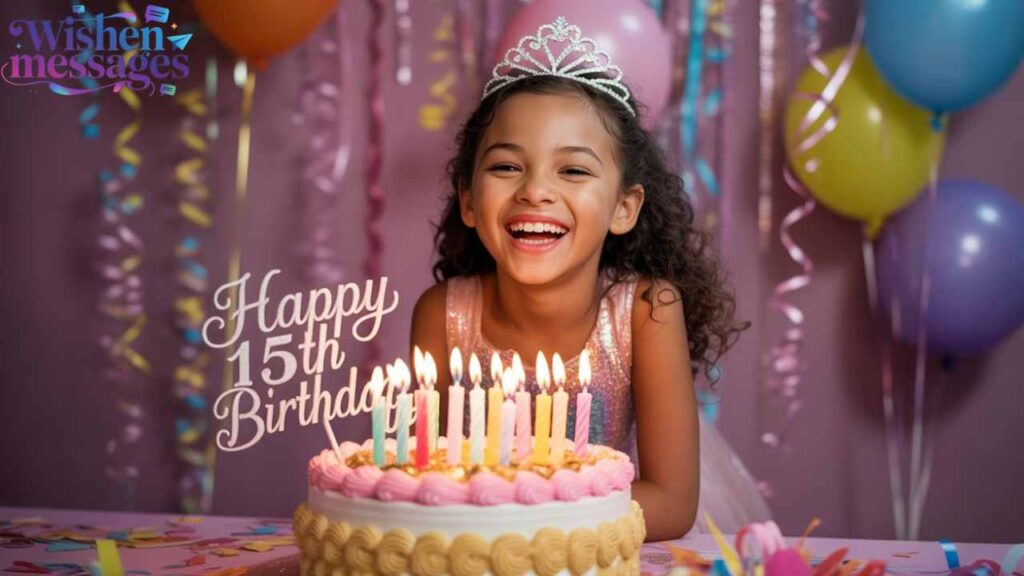 Happy 15th birthday girl with tiara blowing candles on pink cake - Quinceañera celebration wishes"
Hindi