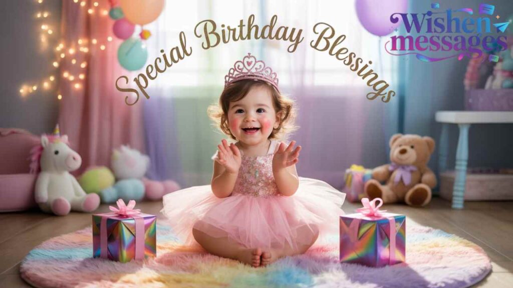 Happy 2-year-old girl in pink princess dress clapping with rainbow gifts, unicorn toy, fairy lights, and “Special Birthday Blessings” text.