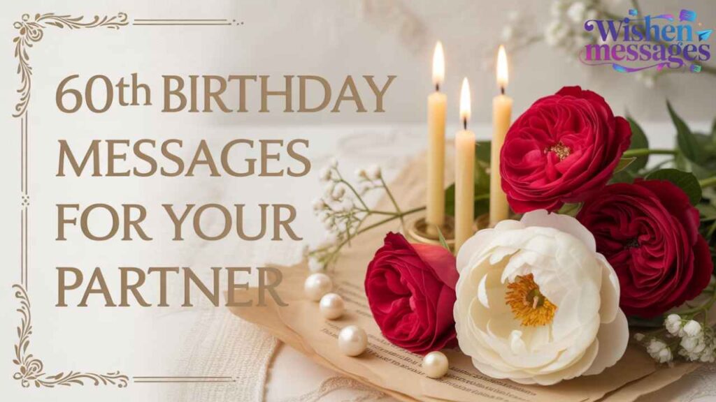 Elegant 60th birthday messages for your partner – romantic card with red and white roses, lit candles, and pearls.