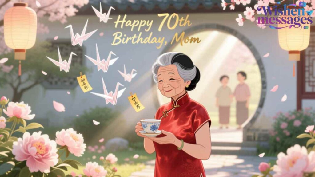70th birthday card for mom — smiling elder woman in red dress with tea, cherry blossoms & origami cranes in garden.