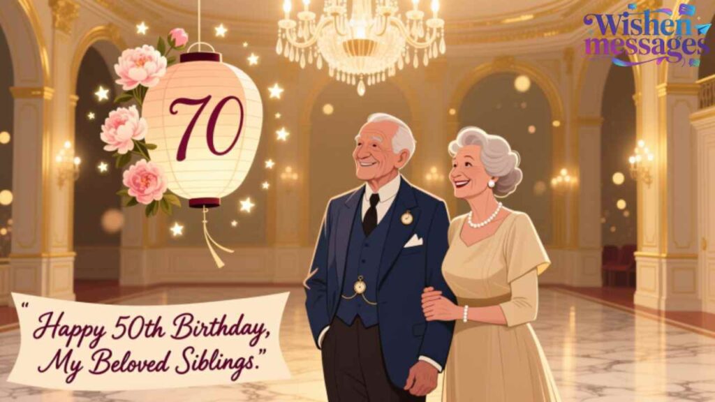 70th birthday for siblings — elegant senior couple in ballroom with glowing ‘70’ lantern & peonies. Heartfelt milestone wish.