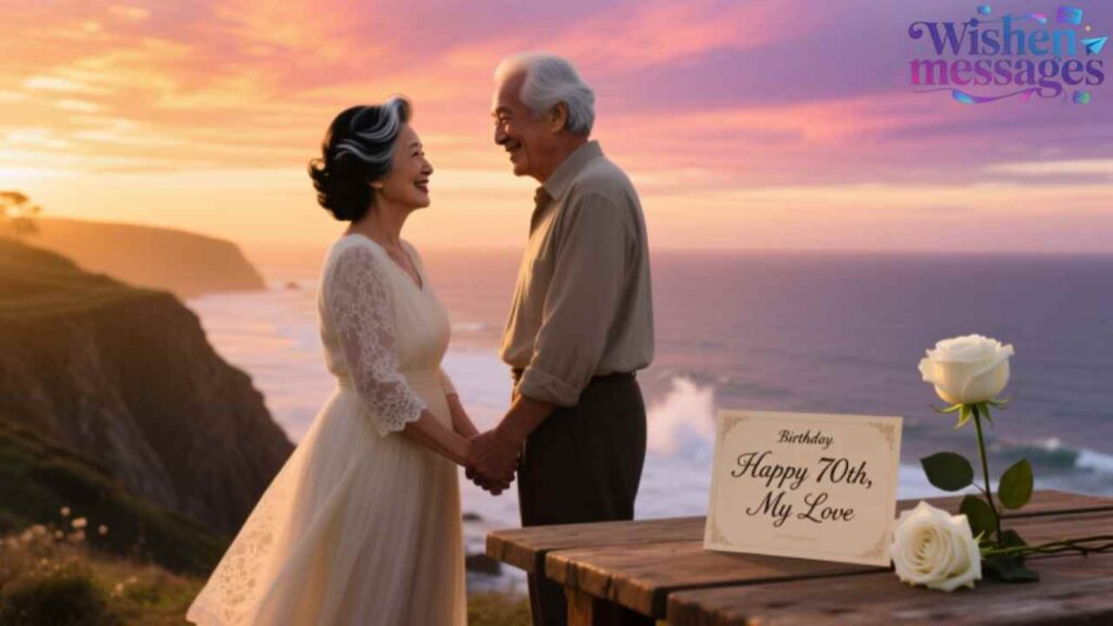 Romantic 70th birthday for spouse — elderly couple at sunset by ocean, white roses & ‘Happy 70th, My Love’ card.
