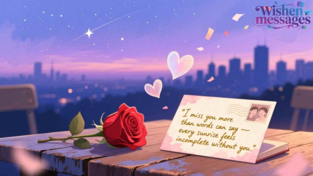Romantic rose and love letter on rooftop at dusk, heartfelt message missing lover, city skyline, floating hearts.
