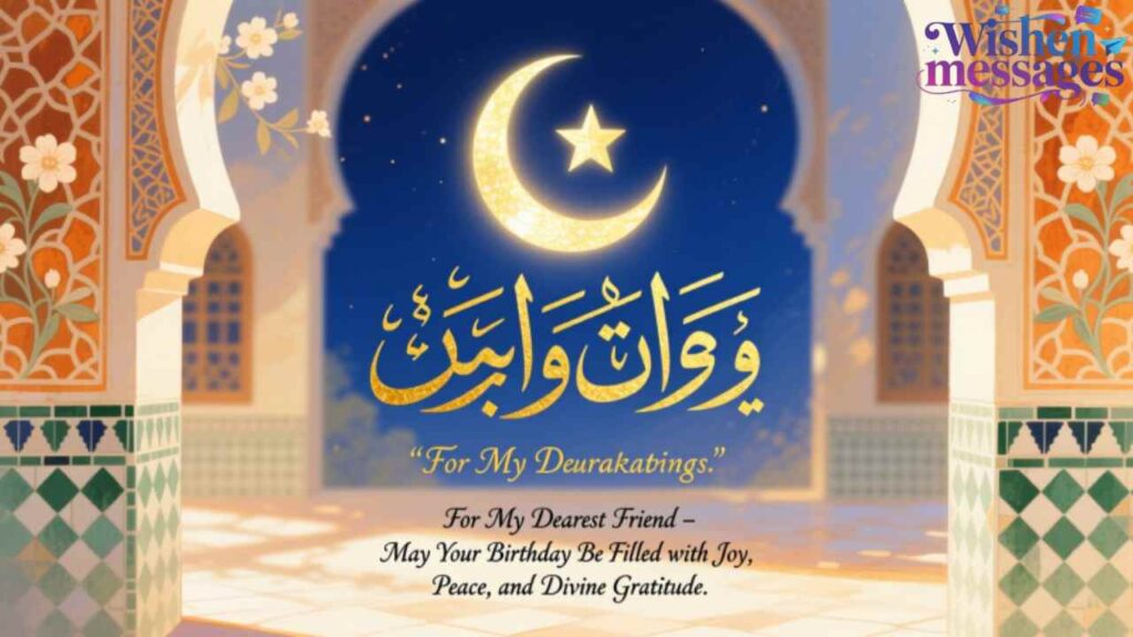 Islamic birthday greeting with crescent moon, star, and Arabic calligraphy. Wishes joy, peace, divine gratitude for dearest friend.
