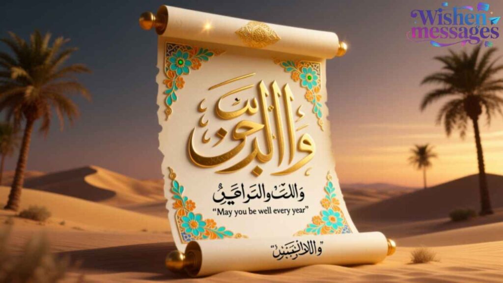 Golden Arabic calligraphy scroll with “وَاللَّهِ وَالتَّرَاقِيْ” blessing, desert sunset backdrop, palm trees, Islamic art design.