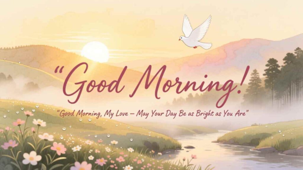 Serene sunrise over misty hills with flowers, stream, and dove — “Good Morning, My Love — May Your Day Be as Bright as You Are.”