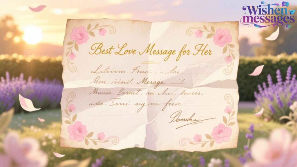 “Best Love Message for Her” romantic letter with pink roses, lavender field, sunset — heartfelt note for girlfriend, wife, or soulmate from WishedMessages.