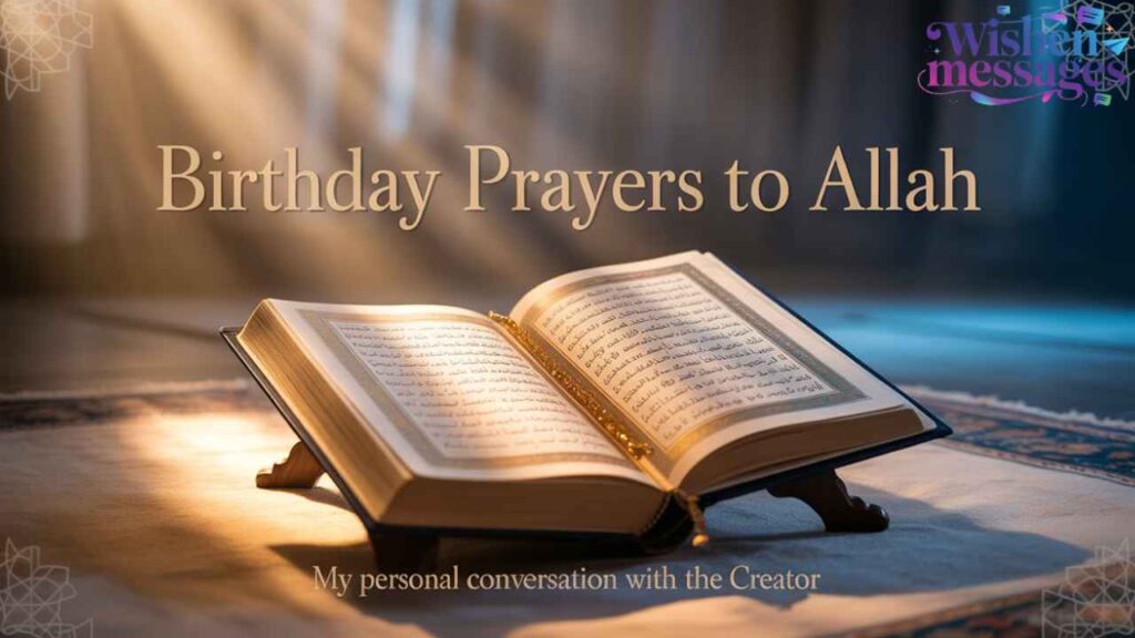 Birthday Prayers to Allah — My personal conversation with the Creator” — Open Quran on wooden stand bathed in divine sunlight, symbolizing spiritual reflection, gratitude, and Islamic birthday blessings.

