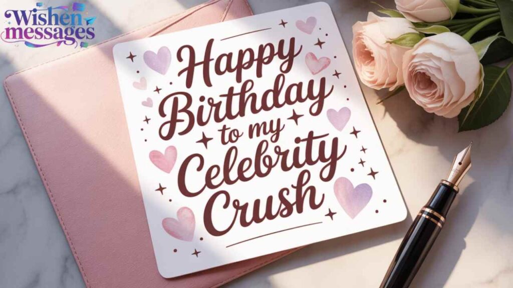 Happy Birthday to my Celebrity Crush greeting card with pink hearts, roses, fountain pen, and envelope. Romantic birthday wish image.