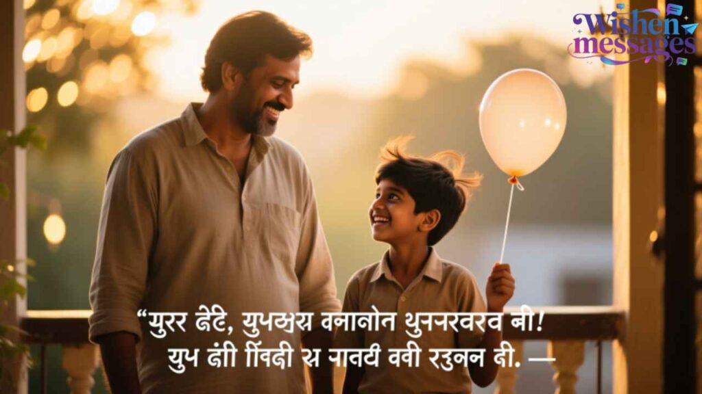 Father and son sharing a happy moment with balloon at sunset, warm Indian family bond captured in golden light.