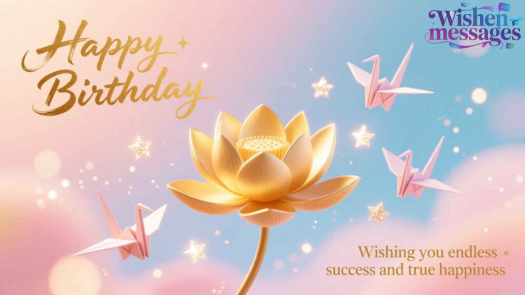 Elegant golden lotus flower with pink origami cranes, stars, and soft pastel sky for serene birthday wishes and happiness.

