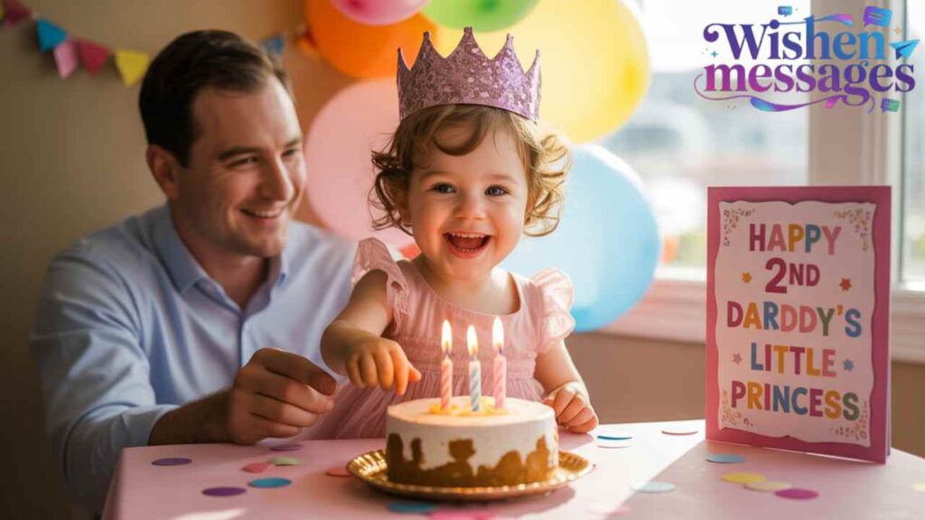 Happy 2nd birthday girl in princess crown blowing candles with daddy, colorful balloons, and “Daddy’s Little Princess” card on pink table.