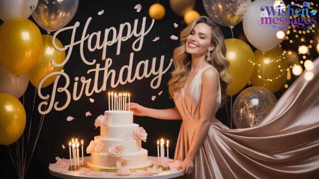 Elegant Happy Birthday celebration with smiling woman in gold dress, multi-tier birthday cake with candles, golden balloons, and festive lights. Luxury birthday wish image.