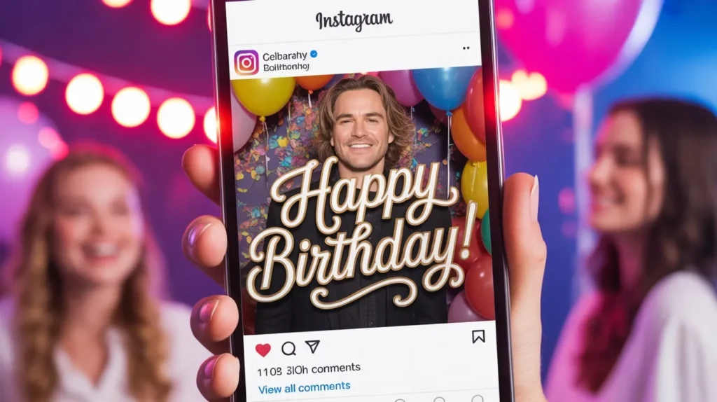 Happy Birthday Instagram Post for Celebrity – Fan Holding Phone Showing Birthday Greeting with Balloons & Confetti at Party