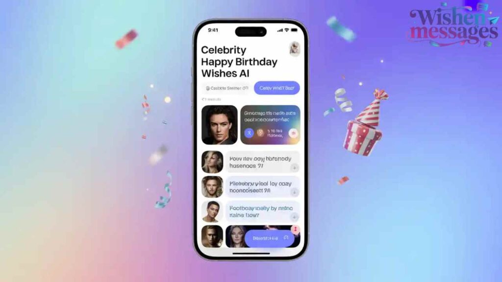 Celebrity Happy Birthday Wishes AI app on smartphone with confetti, party hat, and festive background. Personalized star birthday greeting image.