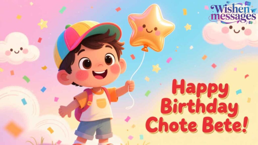Happy Birthday Chote Bete! Cute cartoon boy with star balloon, colorful confetti, and smiling clouds in cheerful sky.