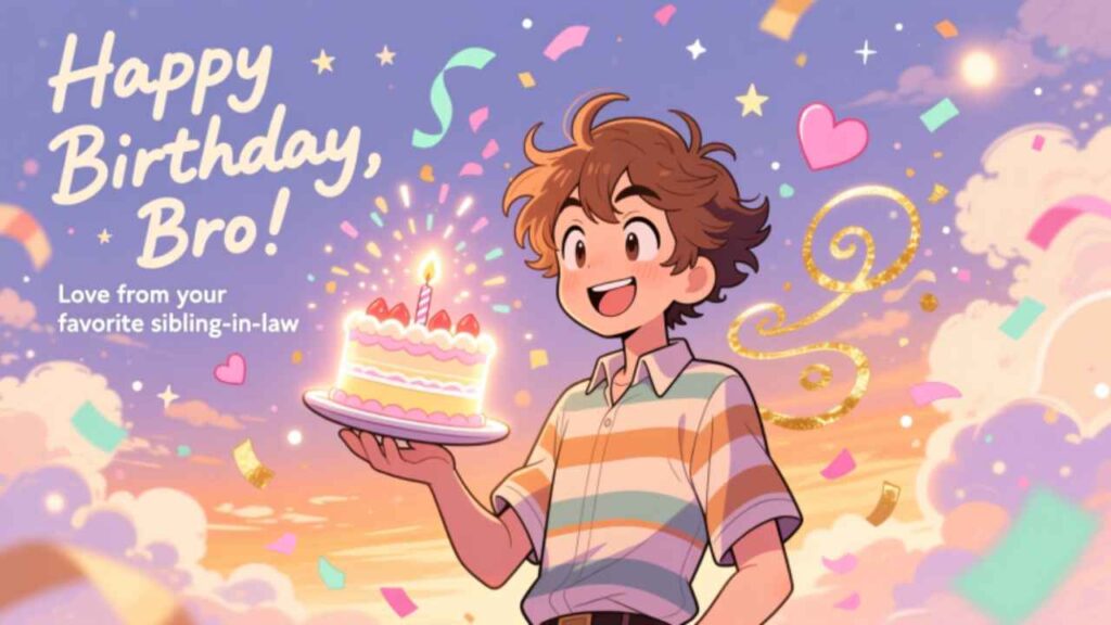 Happy Birthday Bro! Celebrate with cake, confetti & love from your favorite sibling-in-law. Joyful, colorful, heartfelt wishes for you!

