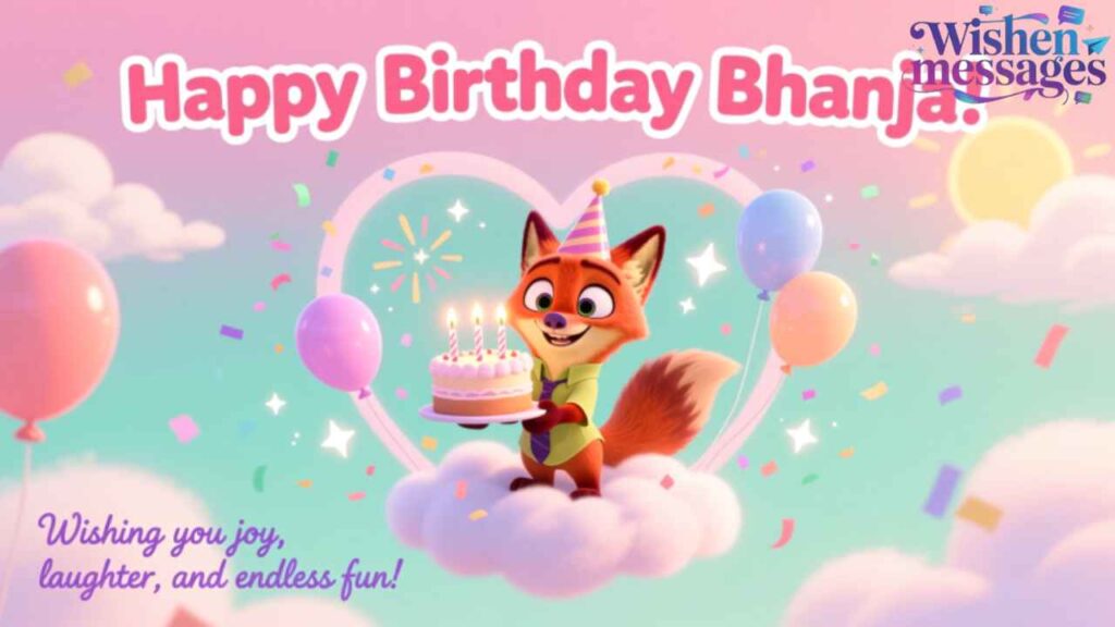 Cute fox holds birthday cake with candles, balloons, confetti. Happy Birthday Bhanja wishes joy, laughter, endless fun in colorful sky scene.