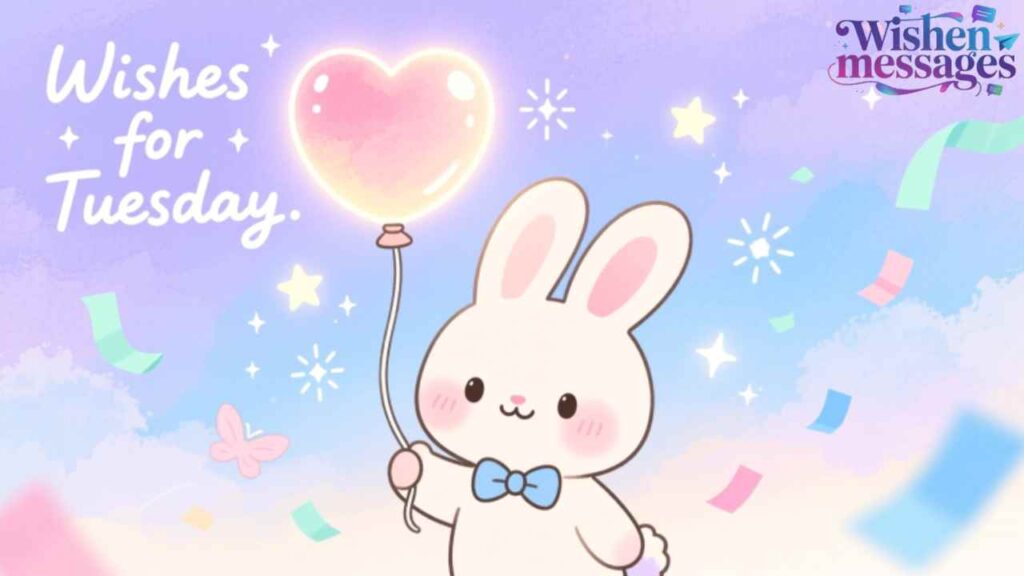 Cute bunny holding heart balloon with “Wishes for Tuesday” text, pastel sky, stars, confetti—sweet, cheerful greeting for a happy Tuesday vibe.

