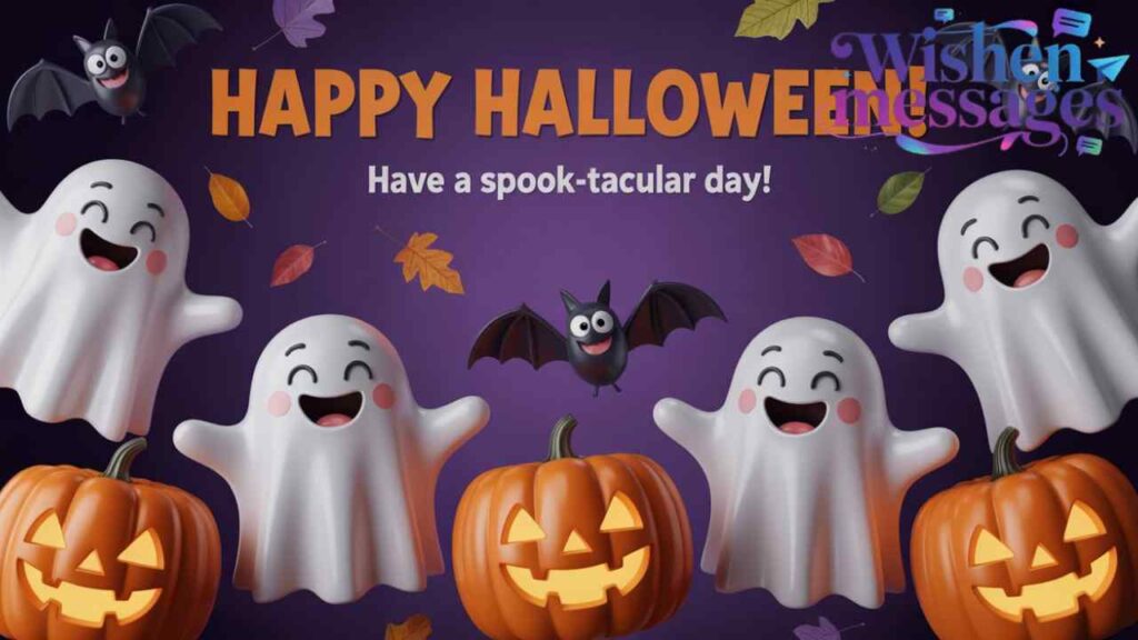 Cute Halloween ghosts, smiling jack-o-lanterns, and happy bats wishing Happy Halloween with 'Have a spook-tacular day!' message.