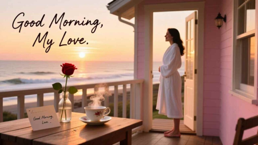 A woman in a white robe stands on a pink porch at sunrise, sipping coffee beside a red rose, greeting her love with ocean views.