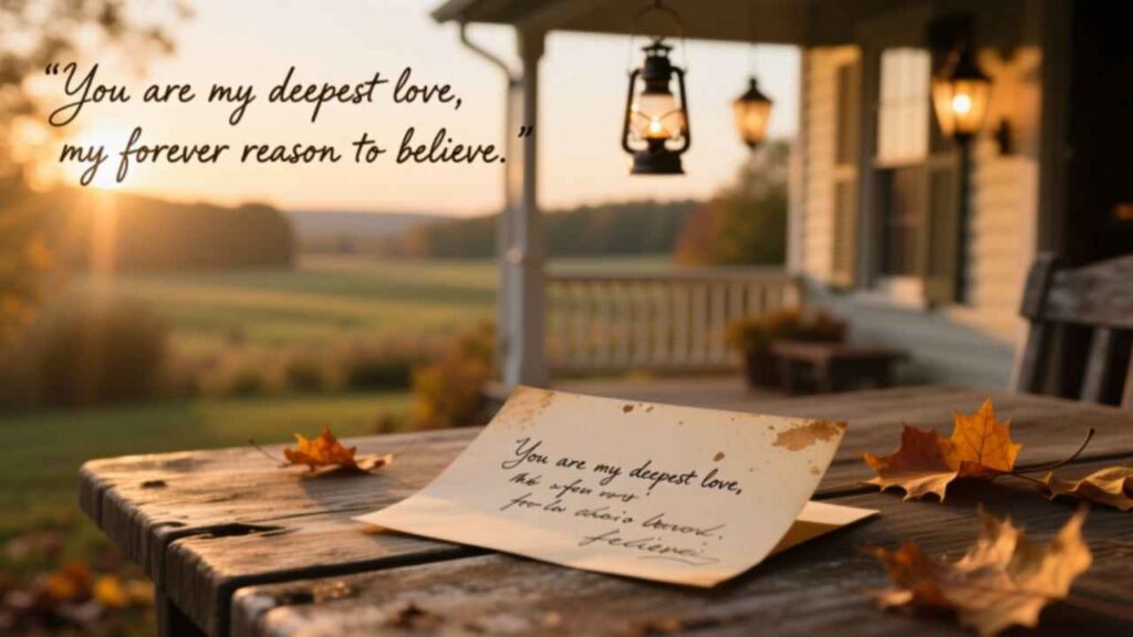 Romantic love quote on rustic table with autumn leaves, sunset porch backdrop. Ideal for Valentine’s Day, anniversaries, or heartfelt relationship content.