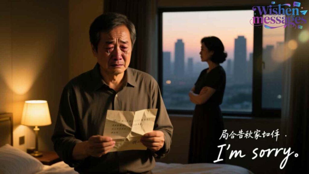 Emotional I'm sorry - Crying man holding apology letter, sad couple at sunset city view