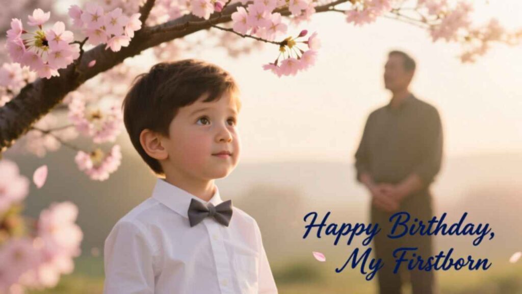 Happy Birthday, My Firstborn! Adorable boy in bowtie under cherry blossoms, father watches proudly. Sweet, heartfelt birthday wish for your eldest child.