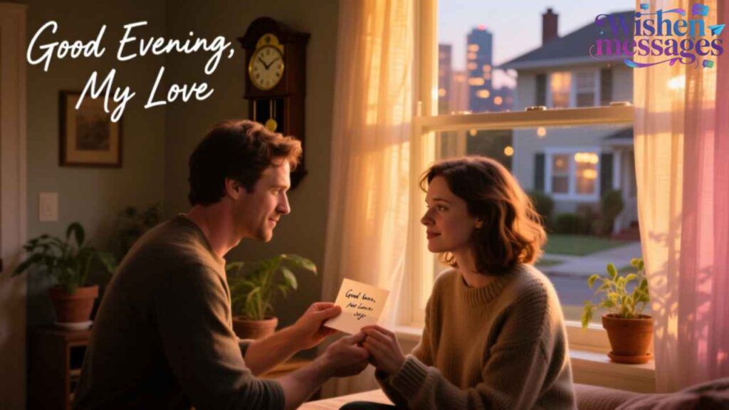 Romantic good evening my love - Couple exchanging heartfelt note at sunset window with warm lights"