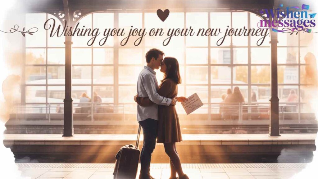 Couple hugging at train station with suitcase - Wishing you joy on your new journey goodbye card
