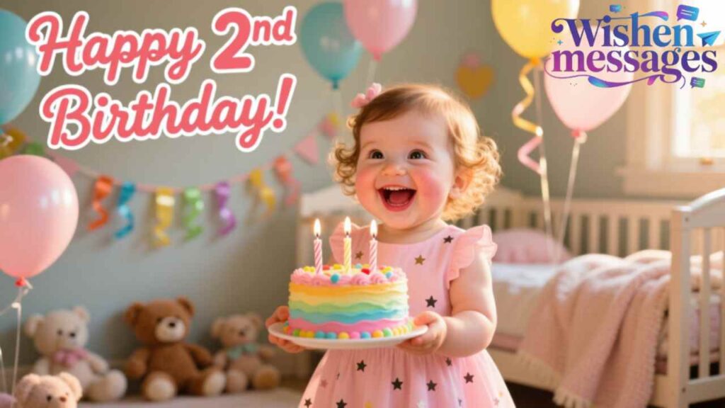 Happy 2-year-old girl smiling with rainbow birthday cake, two candles, balloons, teddy bears, and birthday decorations in nursery background.