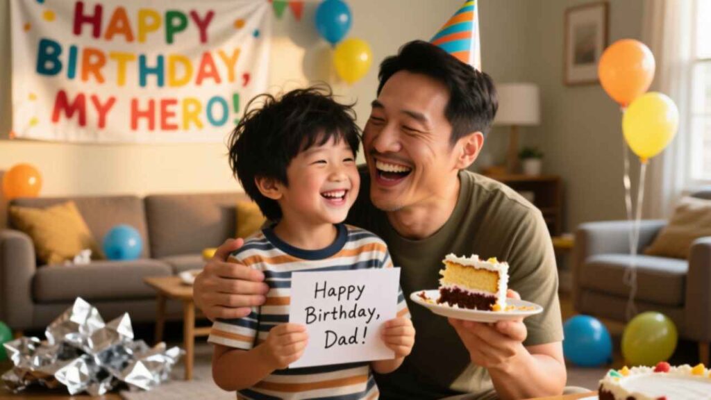 Happy birthday celebration: son holds "Happy Birthday, Dad!" card as father laughs, sharing cake and joy with colorful balloons and banner.