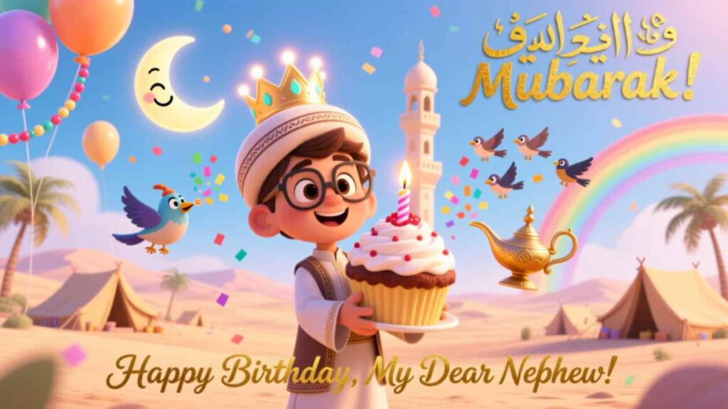 Happy Birthday nephew! Muslim boy with cupcake, balloons, mosque, rainbow. Eid Mubarak celebration in desert camp.