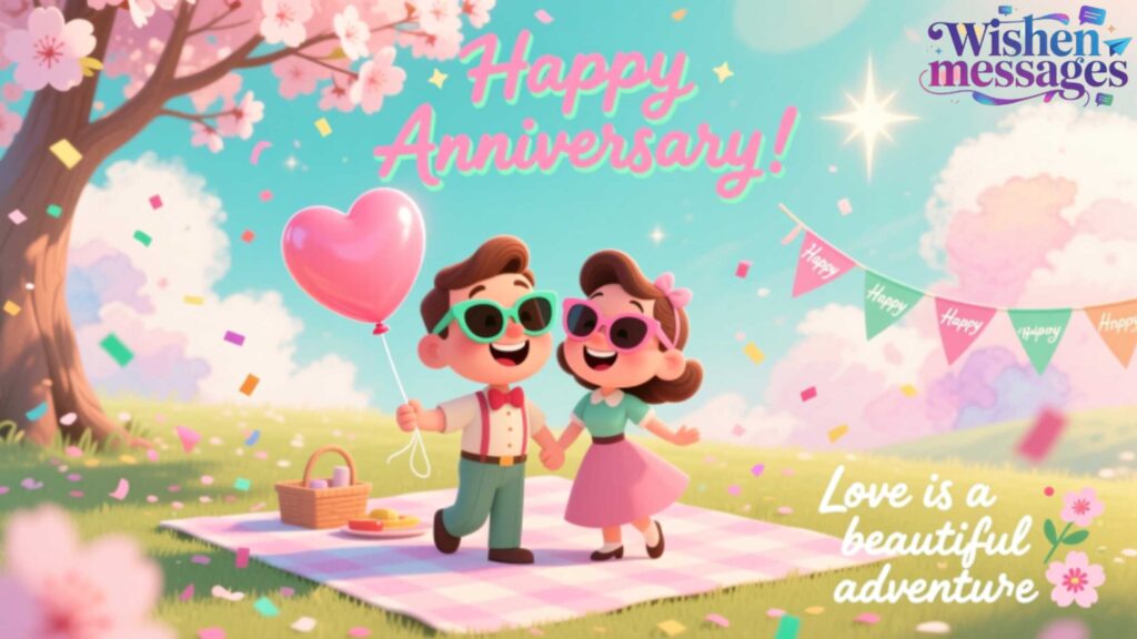 Cartoon couple celebrates anniversary with heart balloon, picnic, cherry blossoms, and confetti under a bright sky. Love is adventure.