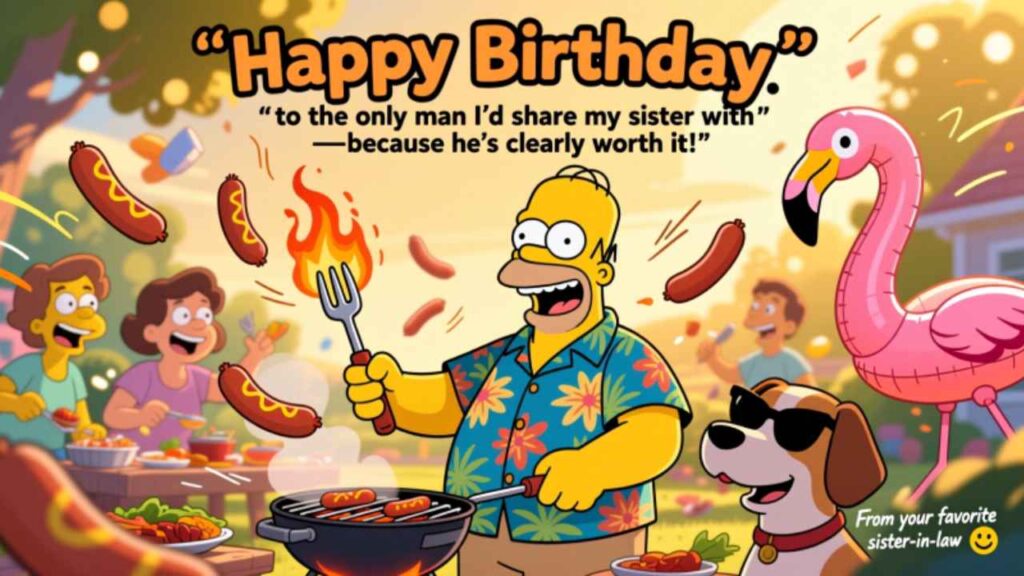 Happy Birthday! Homer Simpson grills hotdogs at a funny, chaotic BBQ. From your favorite sister-in-law — worth sharing her sister with!

