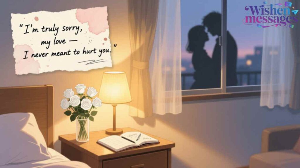 "I'm truly sorry my love, I never meant to hurt you - Romantic apology note with roses & couple silhouette