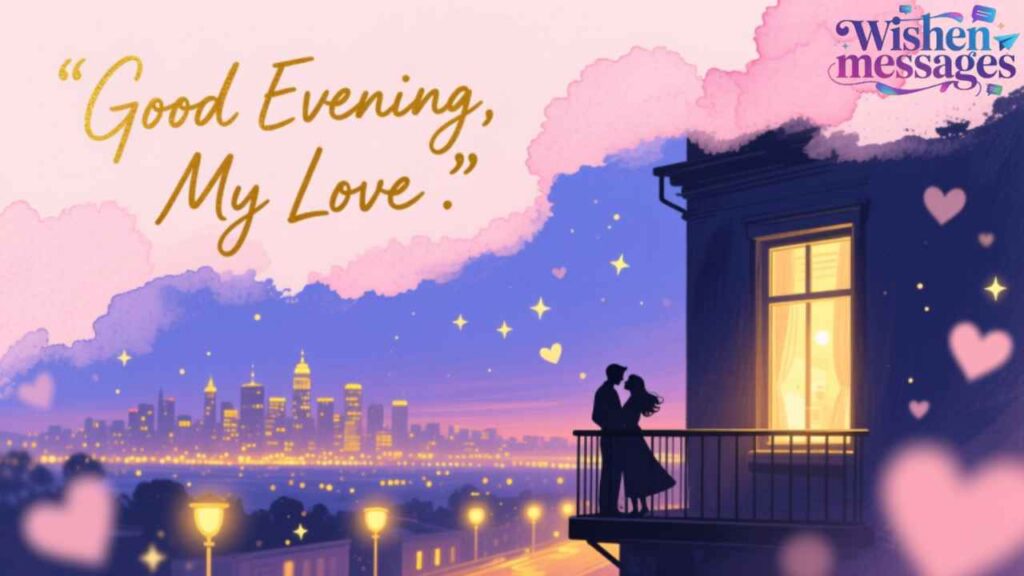 Romantic good evening my love - Couple kissing on balcony with city lights and pink sky