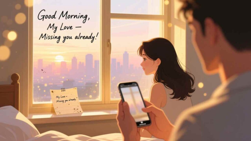 A woman smiles at her phone as a man watches, both sharing “Good Morning, My Love — Missing you already!” with city sunrise view.