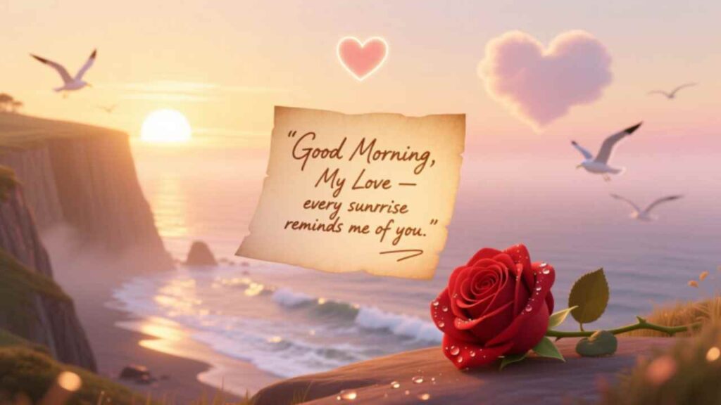 Romantic sunrise over ocean cliffs with red rose, heart-shaped cloud, and note: “Good Morning, My Love — every sunrise reminds me of you.”