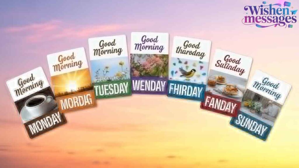 Good Morning weekday wishes cards for Monday to Sunday with coffee, sunrise, flowers, and birds. Colorful daily greeting images.