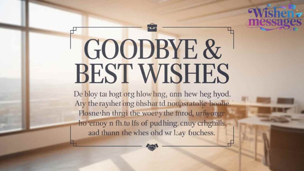 "Professional goodbye and best wishes card with office background, handshake icon - Farewell message for colleagu