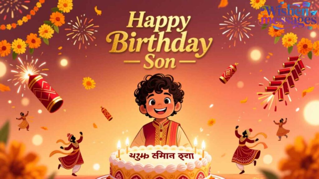 Happy Birthday Son celebration with cake, fireworks, dancers, and marigolds – joyful Indian festive wishes for your boy.