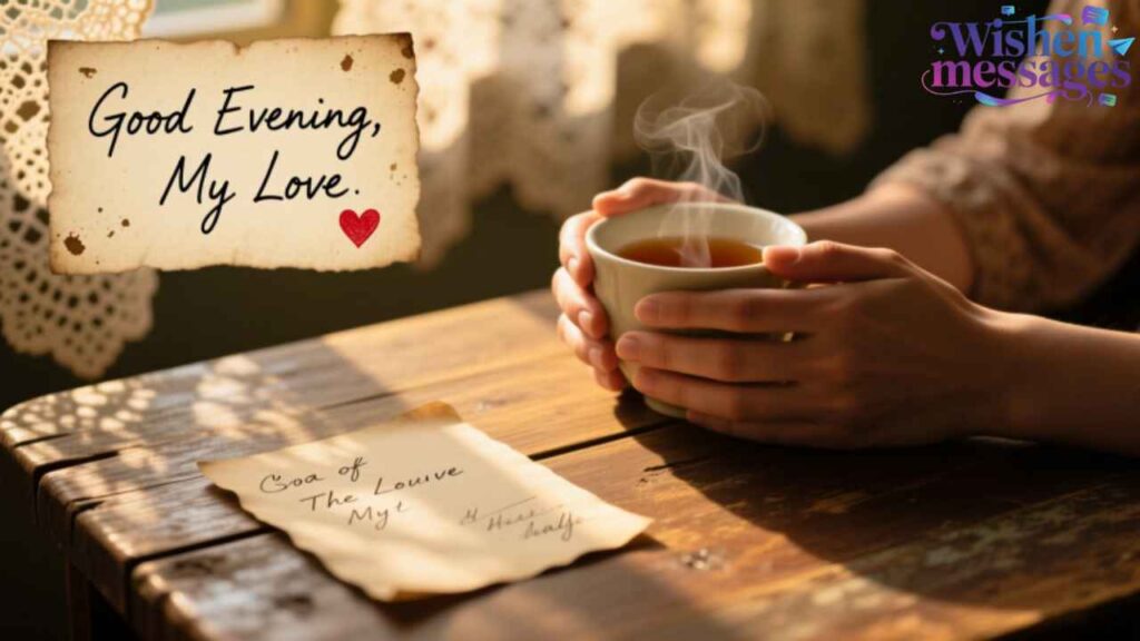 Romantic good evening my love with steaming tea cup, vintage heart note & sunset glow