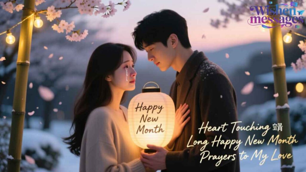 Romantic couple in snowy cherry blossom scene holding "Happy New Month" lantern, heartfelt love message for partner.