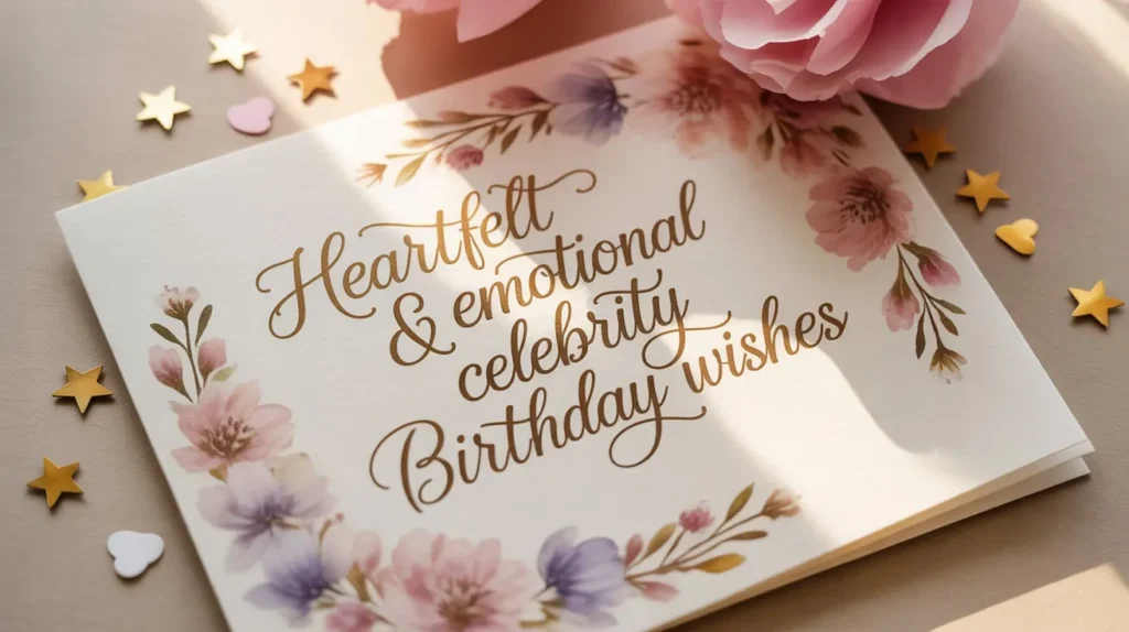 Heartfelt & Emotional Celebrity Birthday Wishes Card – Soft Floral Design with Gold Script, Pink Roses & Golden Stars
