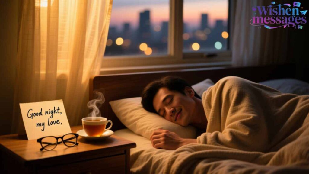 Man peacefully sleeping under cozy blanket with ‘Good night, my love’ note and steaming tea on bedside table – romantic bedtime message from Wishen Messages