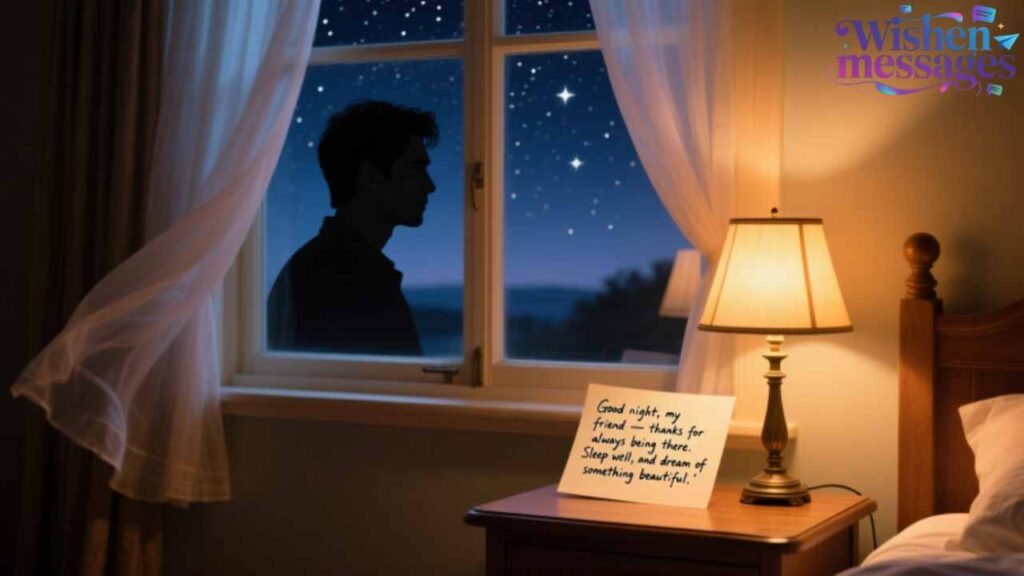 Silhouette of man gazing at starry night through window, heartfelt good night note on bedside table – sweet dreams message for friends from Wishen Messages