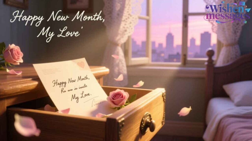 Romantic new month love note in wooden drawer with pink roses, soft sunlight, city view, heartfelt message for partner.